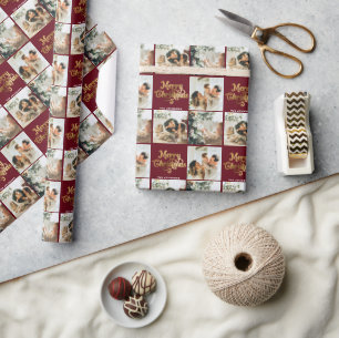 Gold Retro Merry Christmas Family 3 Photo Collage Wrapping Paper