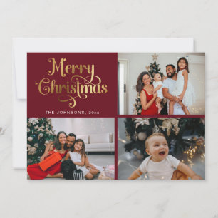 Gold Retro Merry Christmas Family Photo Collage Holiday Card