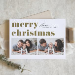 Gold Retro Typography Merry Christmas Two Photo Holiday Card<br><div class="desc">Merry Christmas! Send your Christmas greetings to family and friends with this customisable photo Christmas card. It features retro bold typography. Personalise by adding your details. This custom Christmas card is available on other cardstock. Matching items are available.</div>