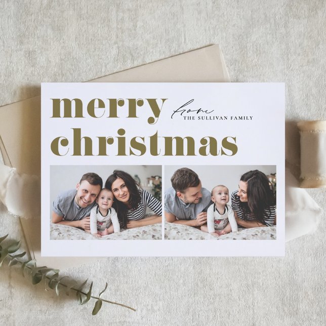 Gold Retro Typography Merry Christmas Two Photo Holiday Card (Creator Uploaded)