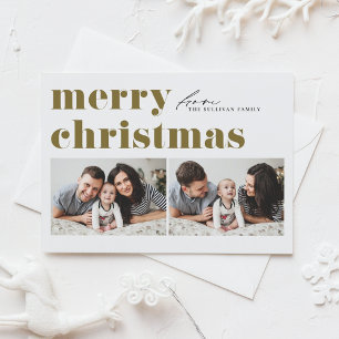 Gold Retro Typography Merry Christmas Two Photo Holiday Card