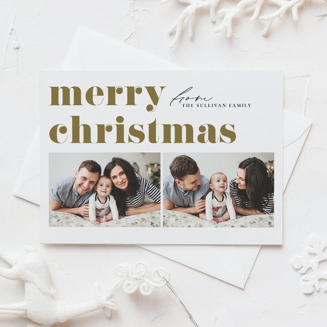 Gold Retro Typography Merry Christmas Two Photo Holiday Card (Creator Uploaded)