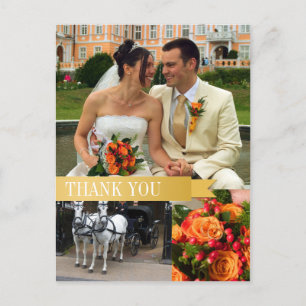 Gold ribbon 3 photo montage wedding thank you note postcard