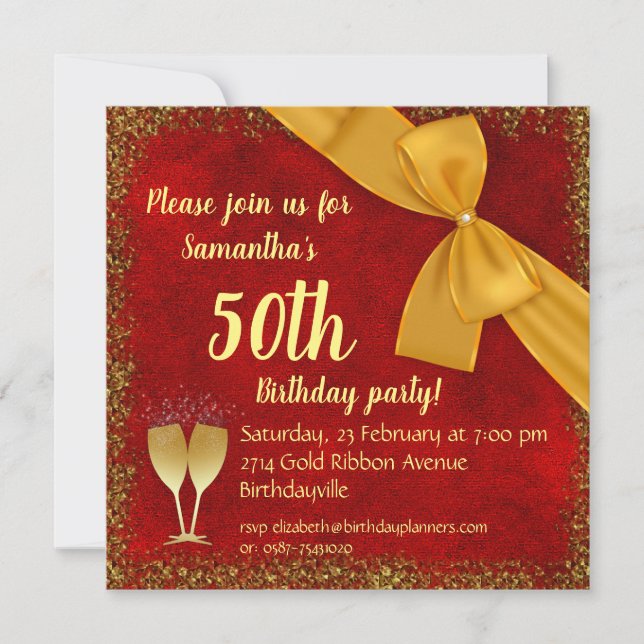Gold Ribbon and Red Velvet 50th Birthday  Invitation (Front)