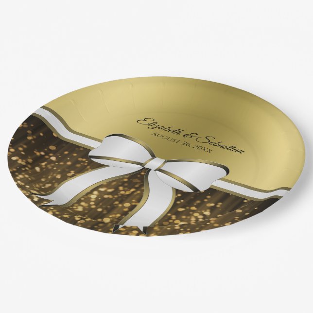 Gold Ribbon and Sparkles Elegant Glam Wedding Paper Plate (Angled)