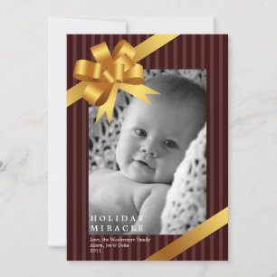 Gold ribbon bow frame holiday miracle baby first card
