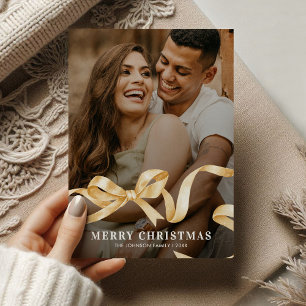 Gold Ribbon Bow Photo Christmas Holiday Card