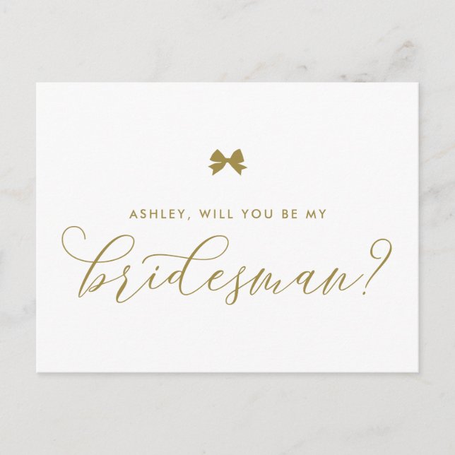 Gold Ribbon Bow Will You Be My Bridesman Card (Front)