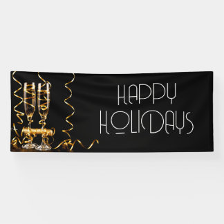 Gold Ribbon Champagne Happy Holidays Banner