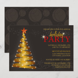 Gold Ribbon Christmas Tree and Stars Party Invitation