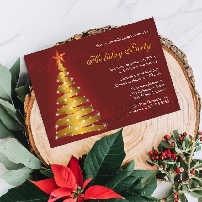 Gold Ribbon Christmas Tree Holiday Party Invitation (Modern gold ribbon Christmas tree holiday party invitation)