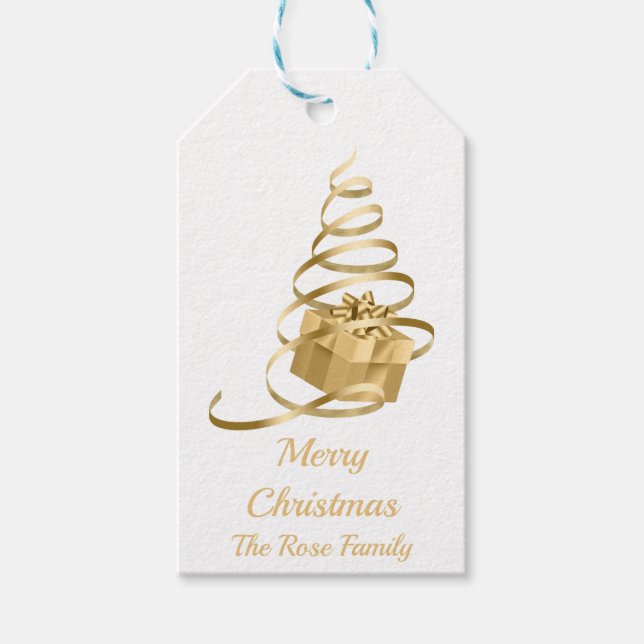 Gold Ribbon Christmas Tree Present Gift Tag (Front)