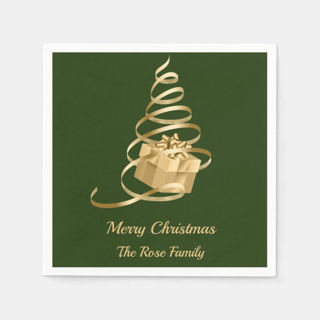 Gold Ribbon Christmas Tree Present Napkin (Front)