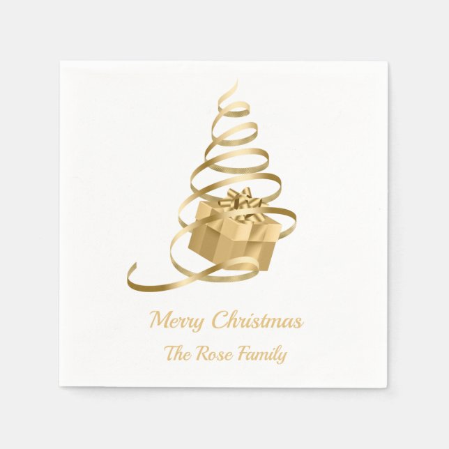 Gold Ribbon Christmas Tree Present Napkin (Front)