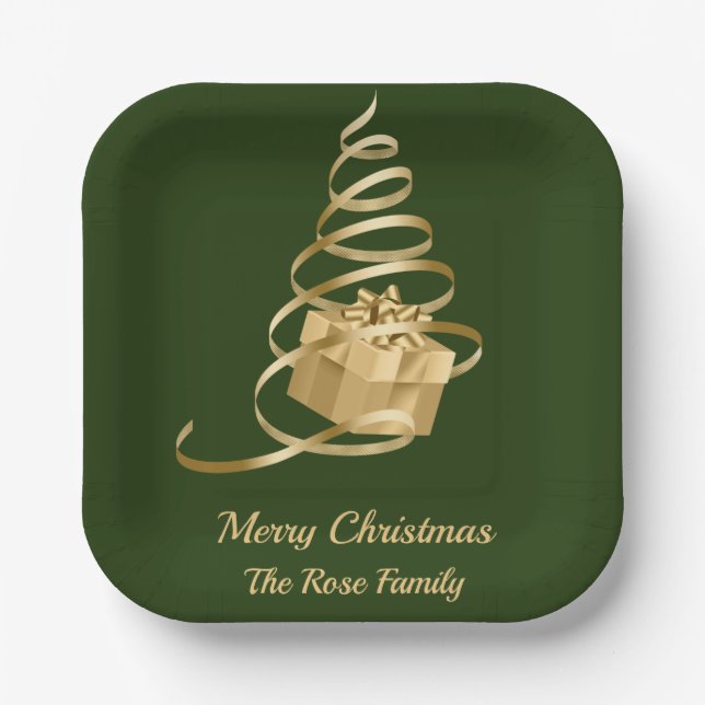 Gold Ribbon Christmas Tree Present Paper Plate (Front)