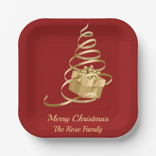 Gold Ribbon Christmas Tree Present Paper Plate (Front)