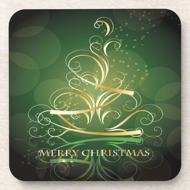 Gold Ribbon Christmas Tree Set of Cork Coasters (Front)