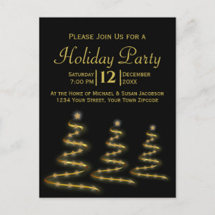 Gold Ribbon Christmas Trees Black Holiday Party Invitation Postcard