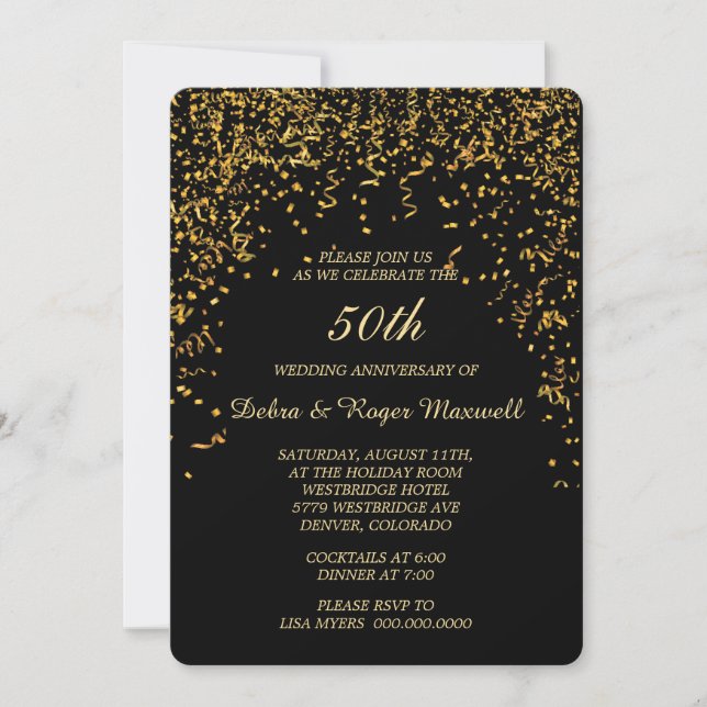 Gold Ribbon Confetti Anniversary Party Invitation (Front)