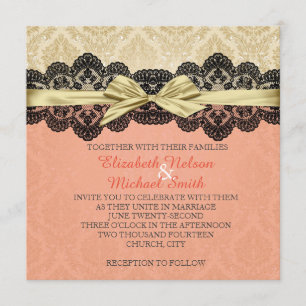 Gold Ribbon Damask Lace Coral Wedding Invite