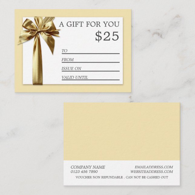 Gold Ribbon Gift Certificate Cards (Front/Back)
