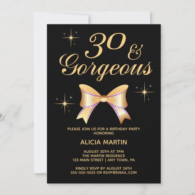 Gold Ribbon Girl 30 & Gorgeous Black 30th Birthday Invitation (Front)