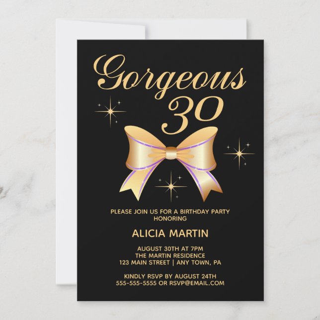 Gold Ribbon Girl Gorgeous 30 Black 30th Birthday Invitation (Front)