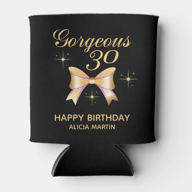 Gold Ribbon Girl Gorgeous 30 Black Happy Birthday Can Cooler (Front)