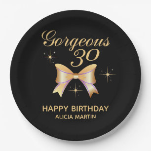 Gold Ribbon Girl Gorgeous 30 Black Happy Birthday Paper Plate