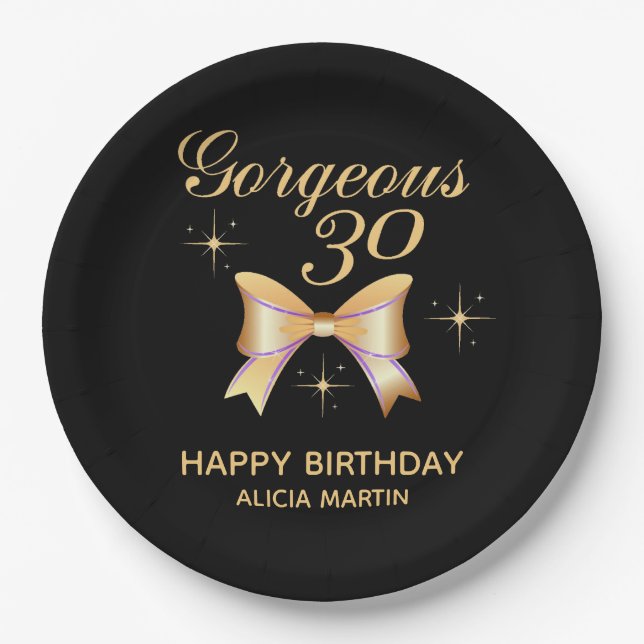 Gold Ribbon Girl Gorgeous 30 Black Happy Birthday Paper Plate (Front)