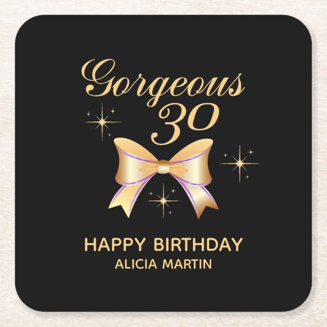 Gold Ribbon Girl Gorgeous 30 Black Happy Birthday Square Paper Coaster (Front)