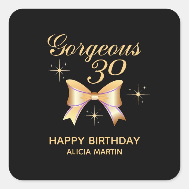 Gold Ribbon Girl Gorgeous 30 Black Happy Birthday Square Sticker (Front)