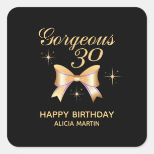 Gold Ribbon Girl Gorgeous 30 Black Happy Birthday Square Sticker
