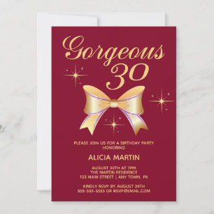 Gold Ribbon Girl Gorgeous 30 Burgundy Birthday Invitation