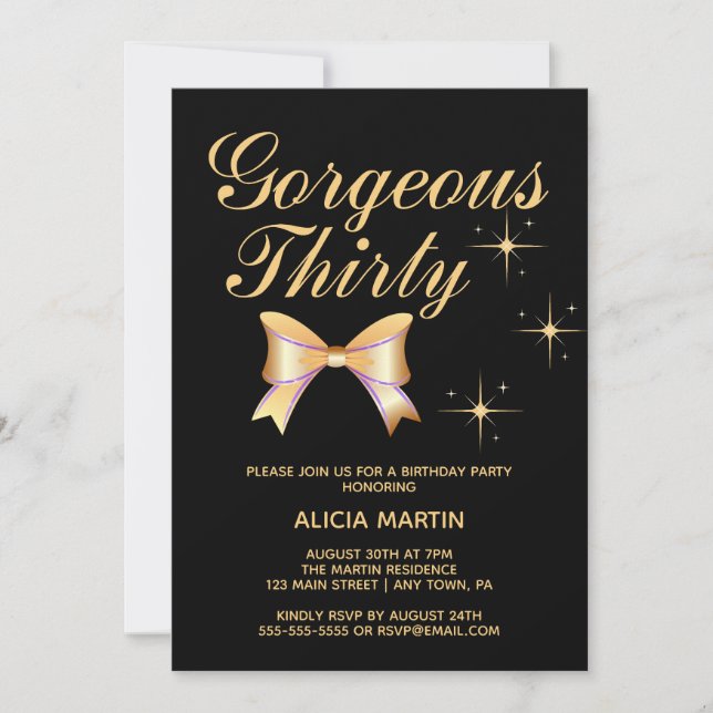 Gold Ribbon Girl Gorgeous Thirty Black Birthday Invitation (Front)