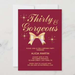 Gold Ribbon Girl Thirty Gorgeous Burgundy Birthday Invitation
