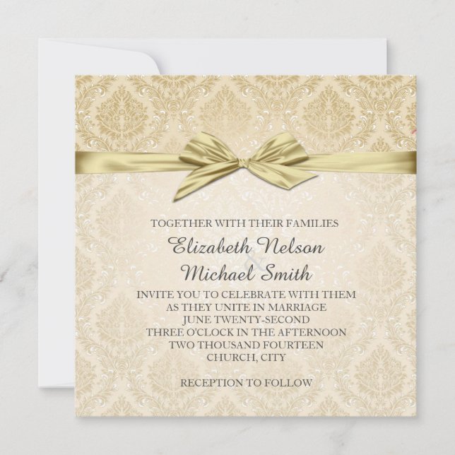 Gold Ribbon Gold Damask Wedding Invite (Front)