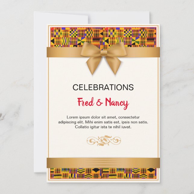 Gold ribbon Kente Invitation Cards. (Front)