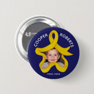 Gold ribbon memory photo star name date button