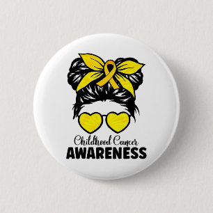 Gold Ribbon Messy Bun Girls Kids Childhood Cancer  6 Cm Round Badge