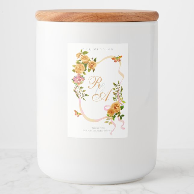 Gold Ribbon Monogram Wedding  Food Label (Front)