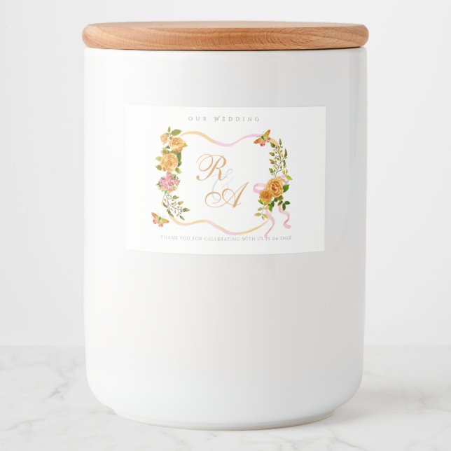 Gold  Ribbon Monogram Wedding  Food Label (Front)