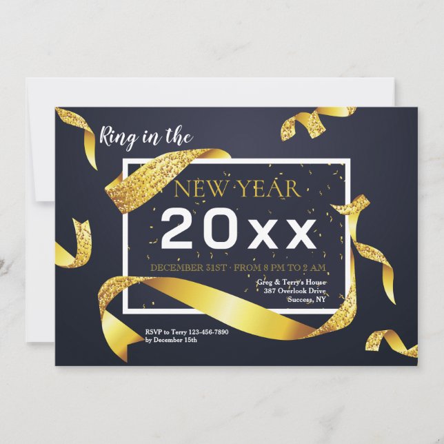 Gold Ribbon New Year Party Invitation (Front)