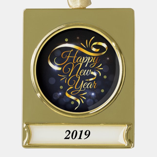 Gold Ribbon New Year Plated Banner Ornament (Front)