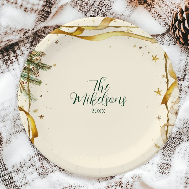 Gold Ribbon Rustic Christmas Party Paper Plate (Creator Uploaded)