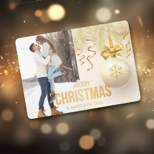 Gold Ribbon Snowflake Bulb Two Photo Christmas Holiday Card