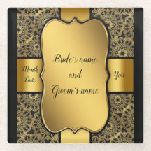 Gold Ribbon Wedding Favour Glass Coaster