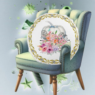 Gold Rim White Pumpkin Fall  Floral Watercolor  Round Cushion