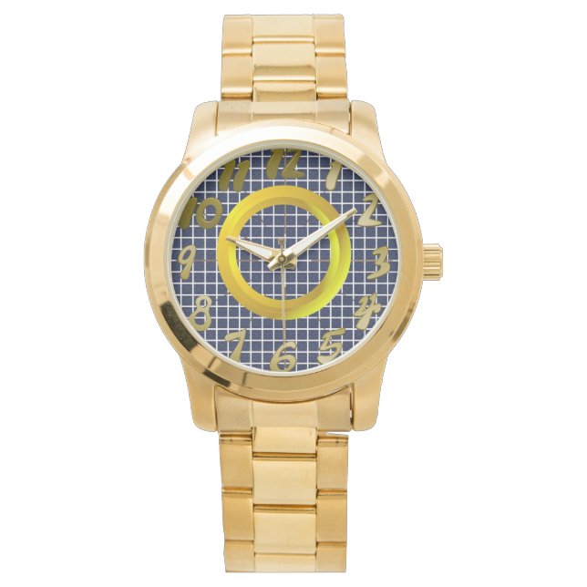 Gold Ring Geometric Blue Squares  Watch (Front)