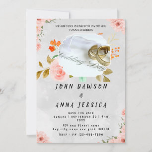 Gold ring pink rose modern background wedding invitation